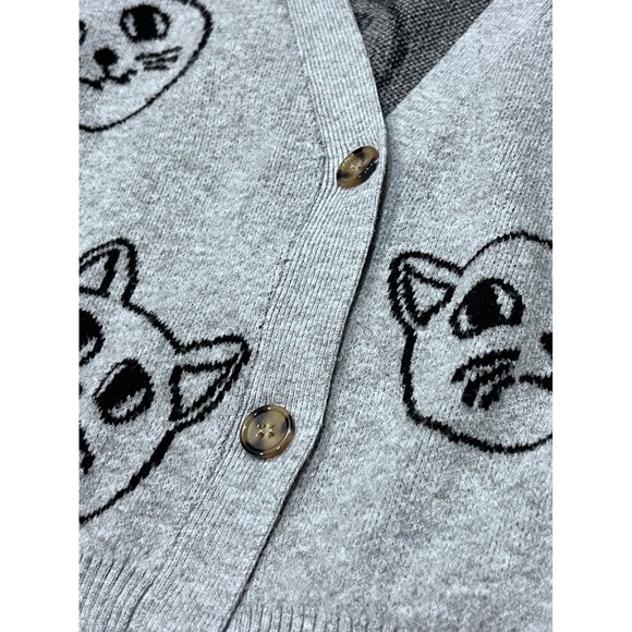 NO BOUNDARIES Cat Print Sweater Gray Cropped 3 Button Cardigan Medium READ - Picture 6 of 8
